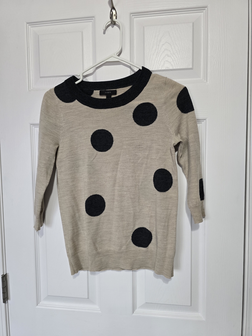 J. Crew Beige Crewneck Sweater with Black Polka Dots
